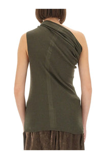 Rick Owens women’s olive green ribbed knit one-shoulder top with draped asymmetrical design