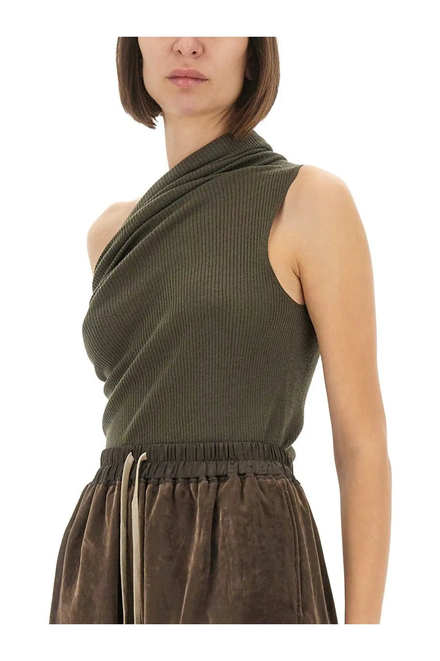 Rick Owens women’s Athena olive green ribbed knit one-shoulder top with draped neckline and elastic waistband