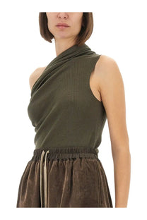 Rick Owens women’s Athena olive green ribbed knit one-shoulder top with draped neckline and elastic waistband