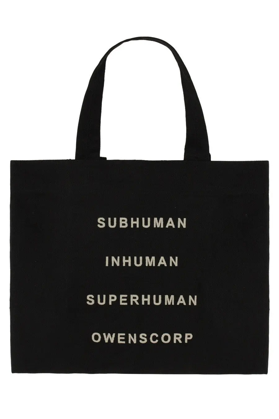 Black canvas rick owens women’s beach tote bag with white embroidered subhuman inhuman superhuman owenscorp text