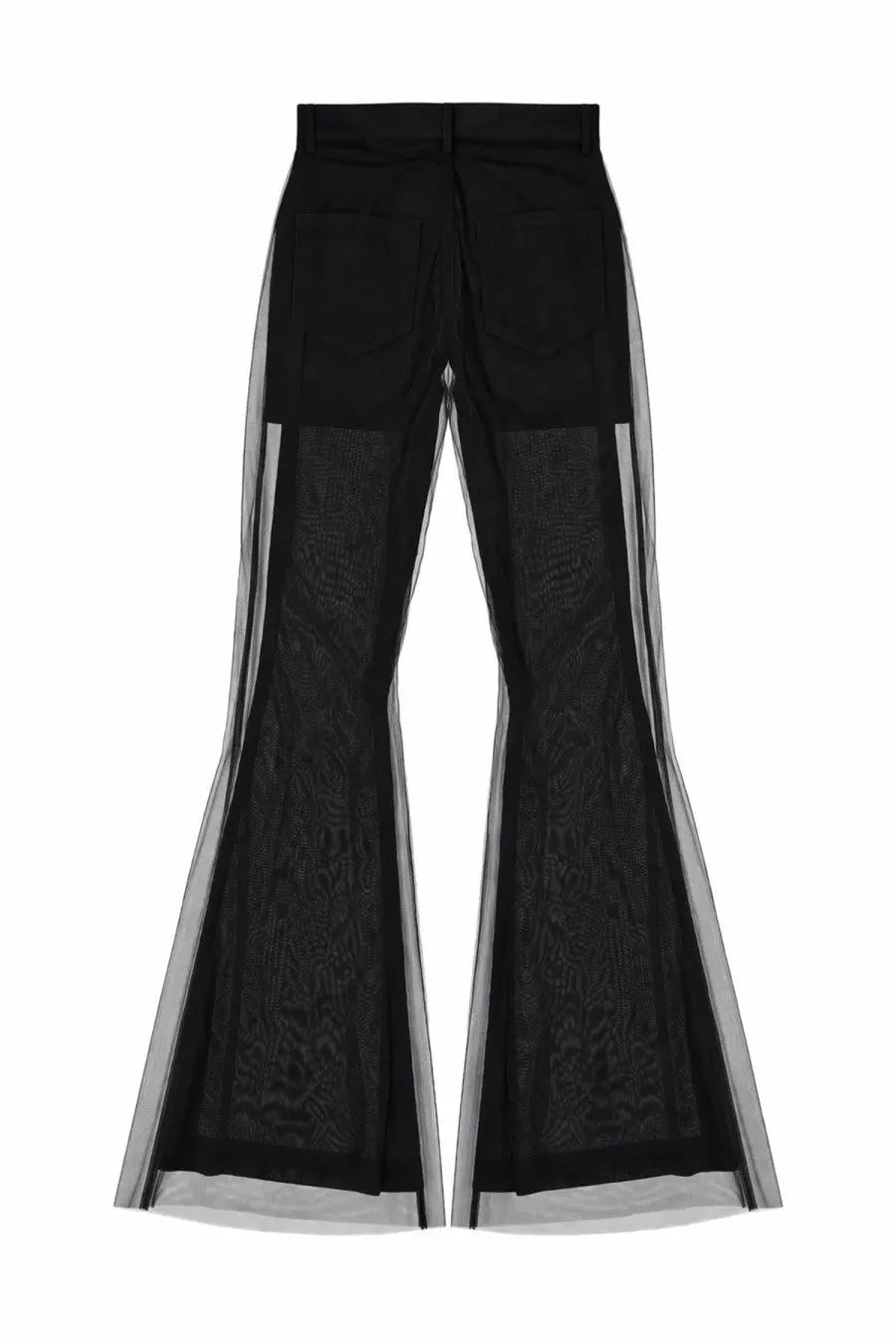 Rick Owens women’s bolan bootcut pants in black with sheer mesh panels and intricate lace detailing along the sides