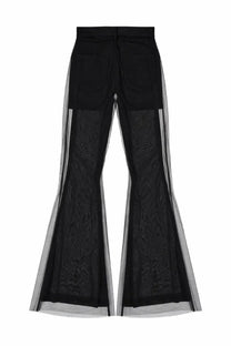 Rick Owens women’s bolan bootcut pants in black with sheer mesh panels and intricate lace detailing along the sides