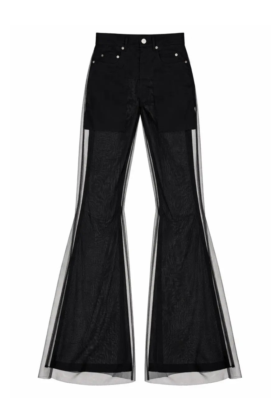 Rick Owens women’s black bolan bootcut pants with sheer mesh panels and silver trim along the sides