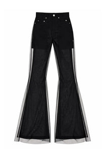 Rick Owens women’s black bolan bootcut pants with sheer mesh panels and silver trim along the sides