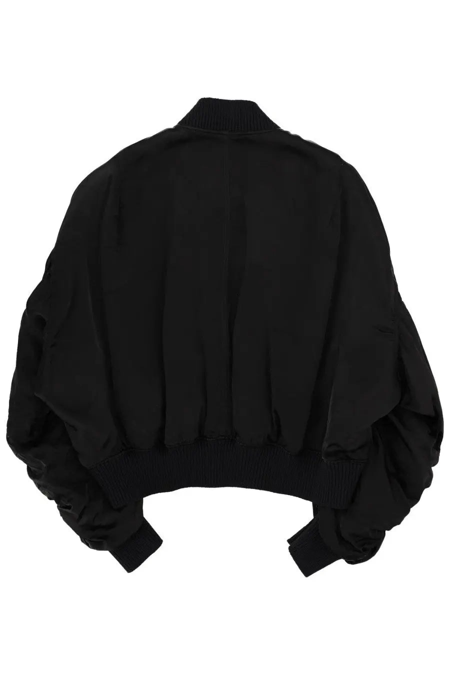 Rick Owens women’s black bomber jacket with puffed sleeves and ribbed cuffs in bucket flight style
