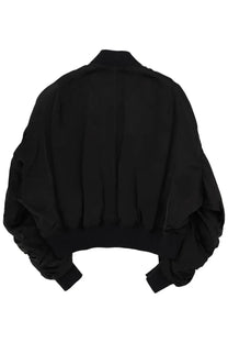 Rick Owens women’s black bomber jacket with puffed sleeves and ribbed cuffs in bucket flight style