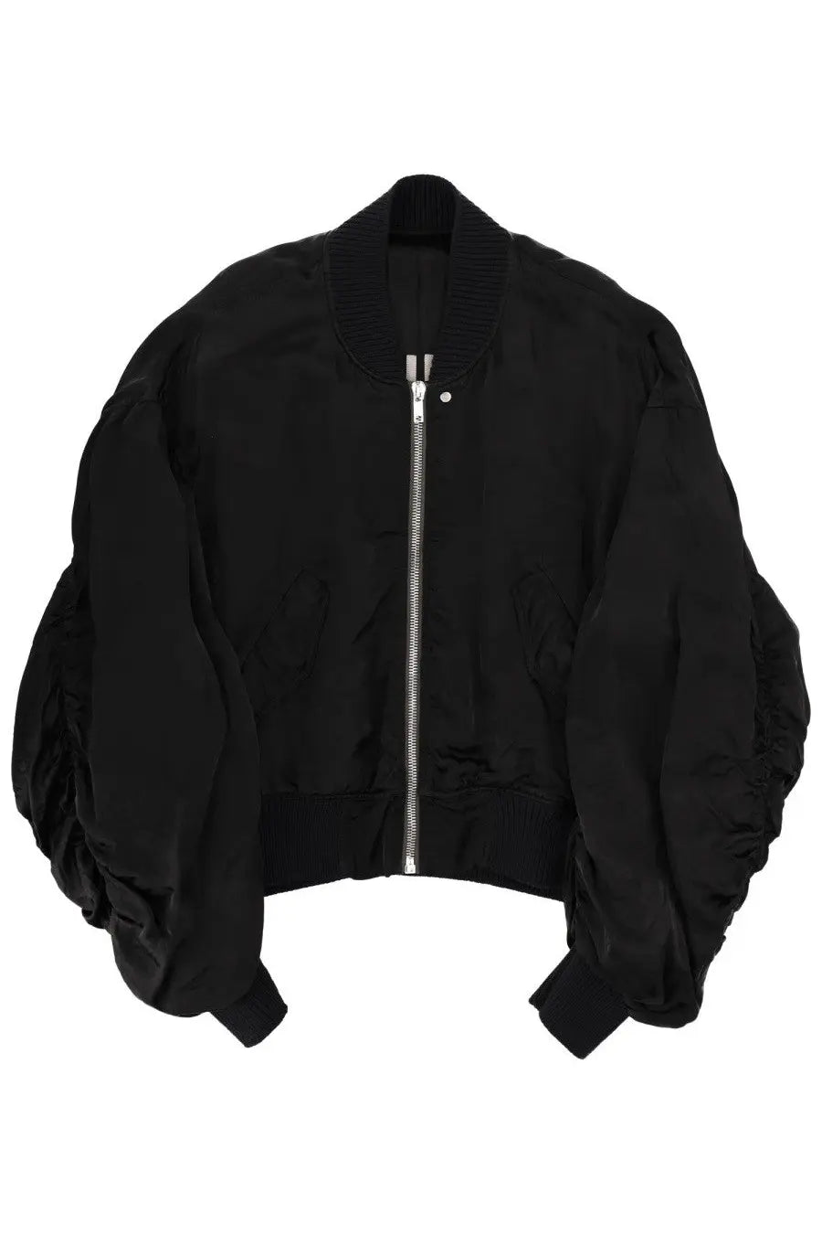 Rick Owens women’s black bomber jacket with puffed sleeves and silver zipper in bucket flight style