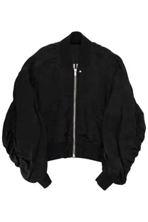 Rick Owens women’s black bomber jacket with puffed sleeves and silver zipper in bucket flight style