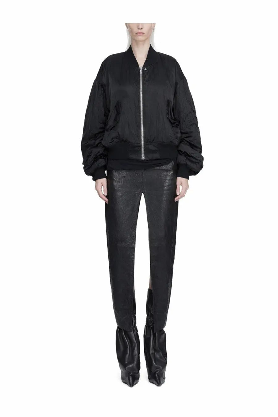 Rick Owens women’s black satin bomber jacket with puffed sleeves and central zipper for stylish outerwear
