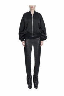 Rick Owens women’s black satin bomber jacket with puffed sleeves and central zipper for stylish outerwear