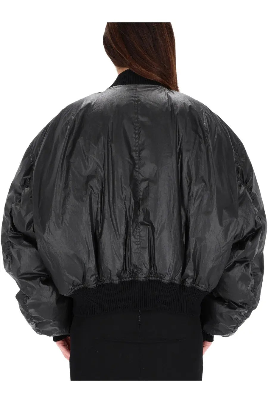 Rick Owens women’s black glossy nylon bomber jacket with ribbed cuffs and collar for runway style