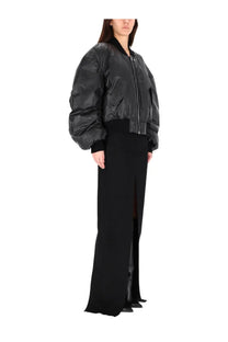 Rick Owens women’s bomber jacket in black matte leather with puffed sleeves and front zipper closure