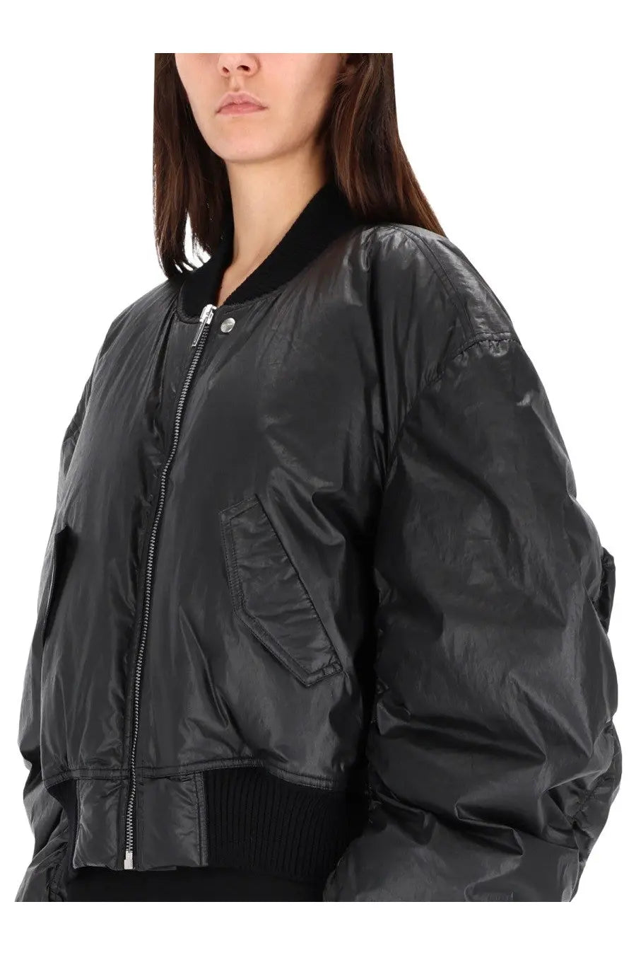 Rick Owens women’s bomber jacket Runway Cal black with shiny nylon exterior and ribbed collar and cuffs