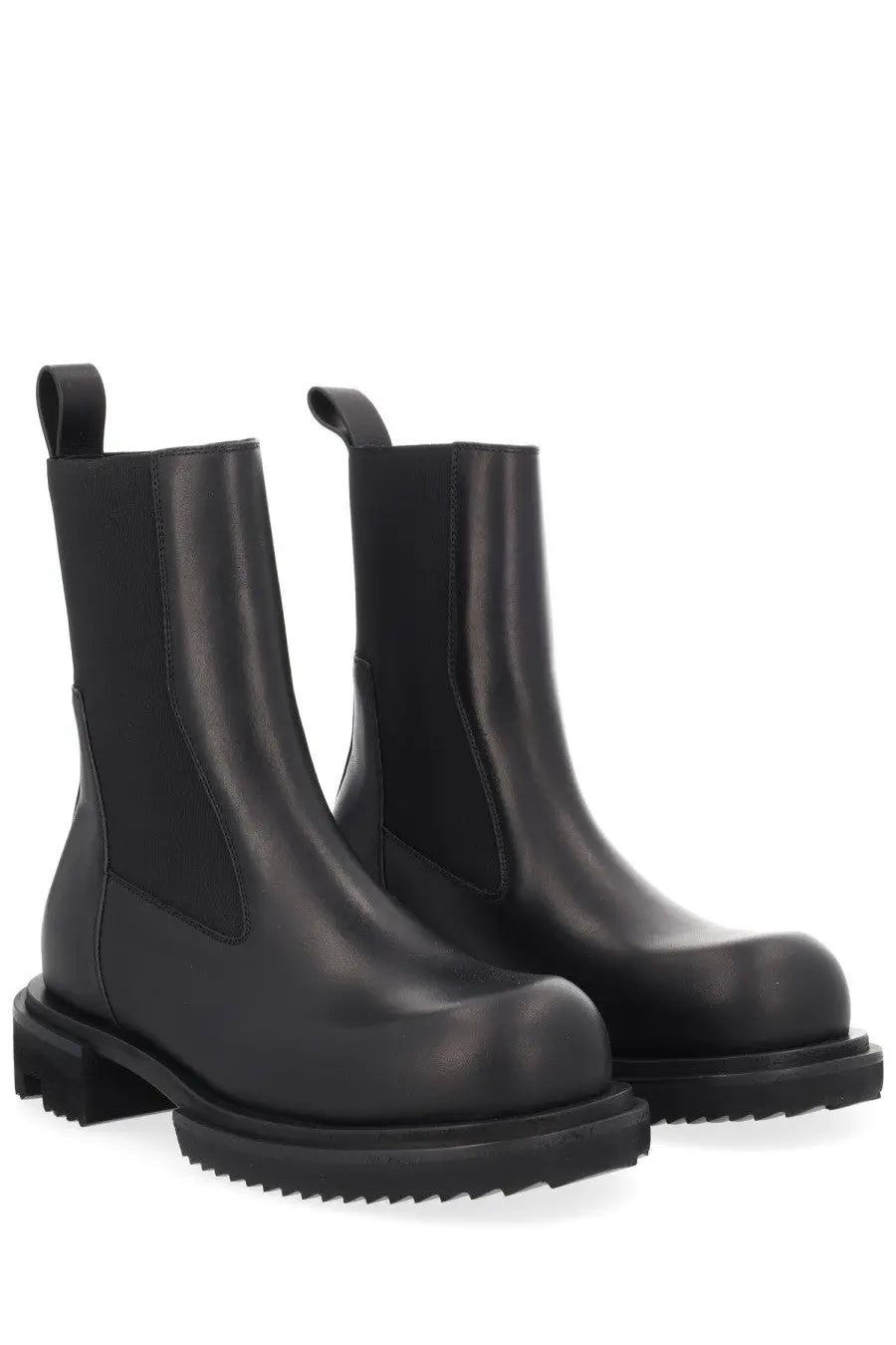 Rick Owens women’s black leather Chelsea boots with chunky textured sole and elastic side panels