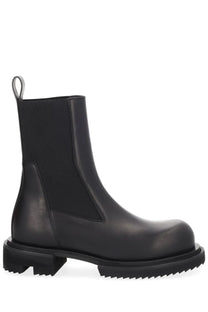Rick Owens women’s black leather Chelsea boot beatle Gabe with chunky textured sole and elastic side panels