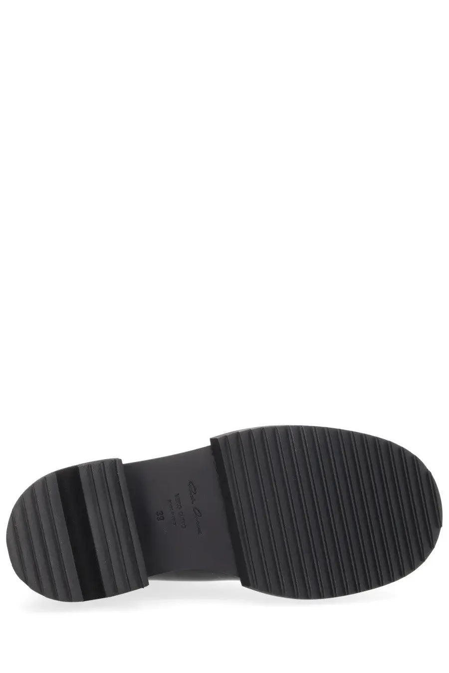 Back view of rick owens women’s boot beatle gabe black showing black rubber sole with ribbed texture and brand logo
