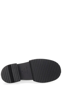 Back view of rick owens women’s boot beatle gabe black showing black rubber sole with ribbed texture and brand logo