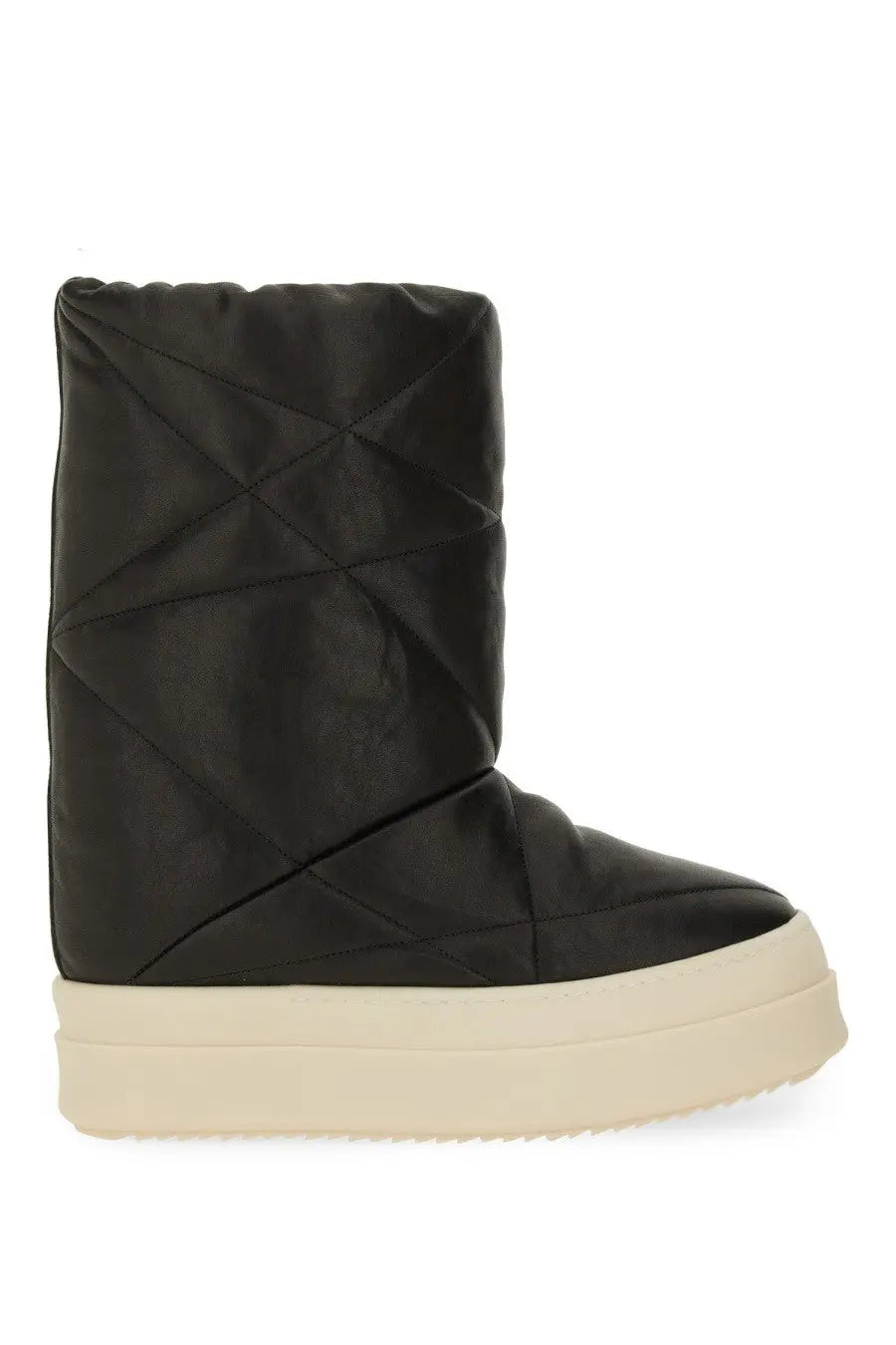 Black quilted leather rick owens women’s boot with cream-colored platform sole and chunky lunar bumper design