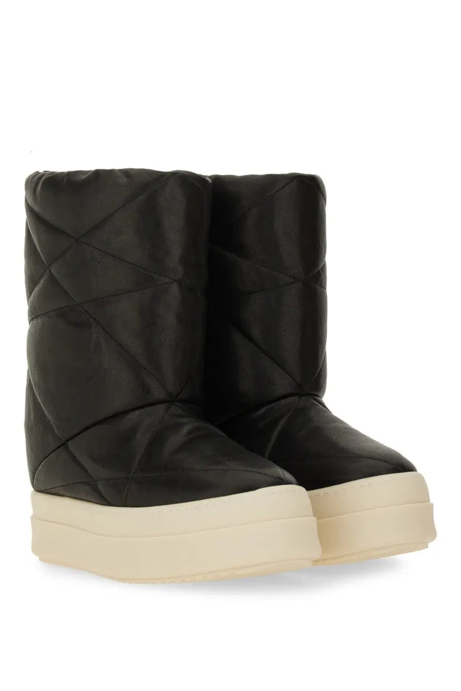 Rick Owens women’s boot mega bumper lunar black black quilted platform boots with glossy finish and cream soles