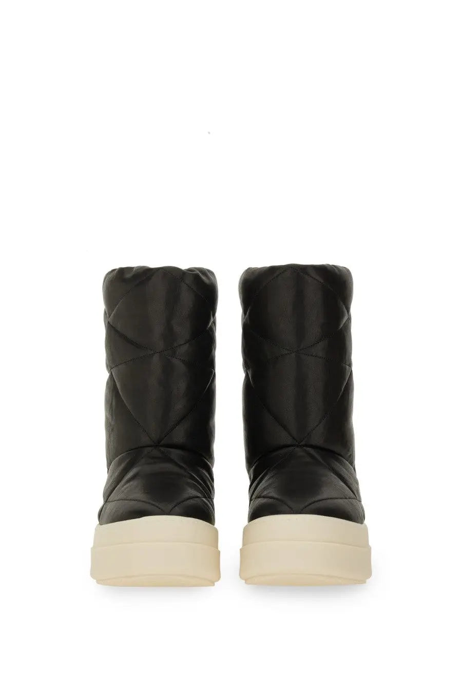 Rick Owens women’s boot mega bumper lunar black black quilted winter boot with cream colored platform sole