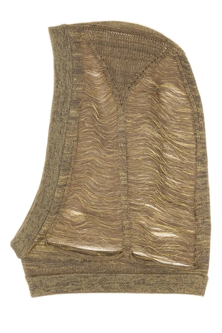 Rick Owens women’s cap jera gold metallic knit headscarf with ribbed edge and subtle wave-patterned fabric