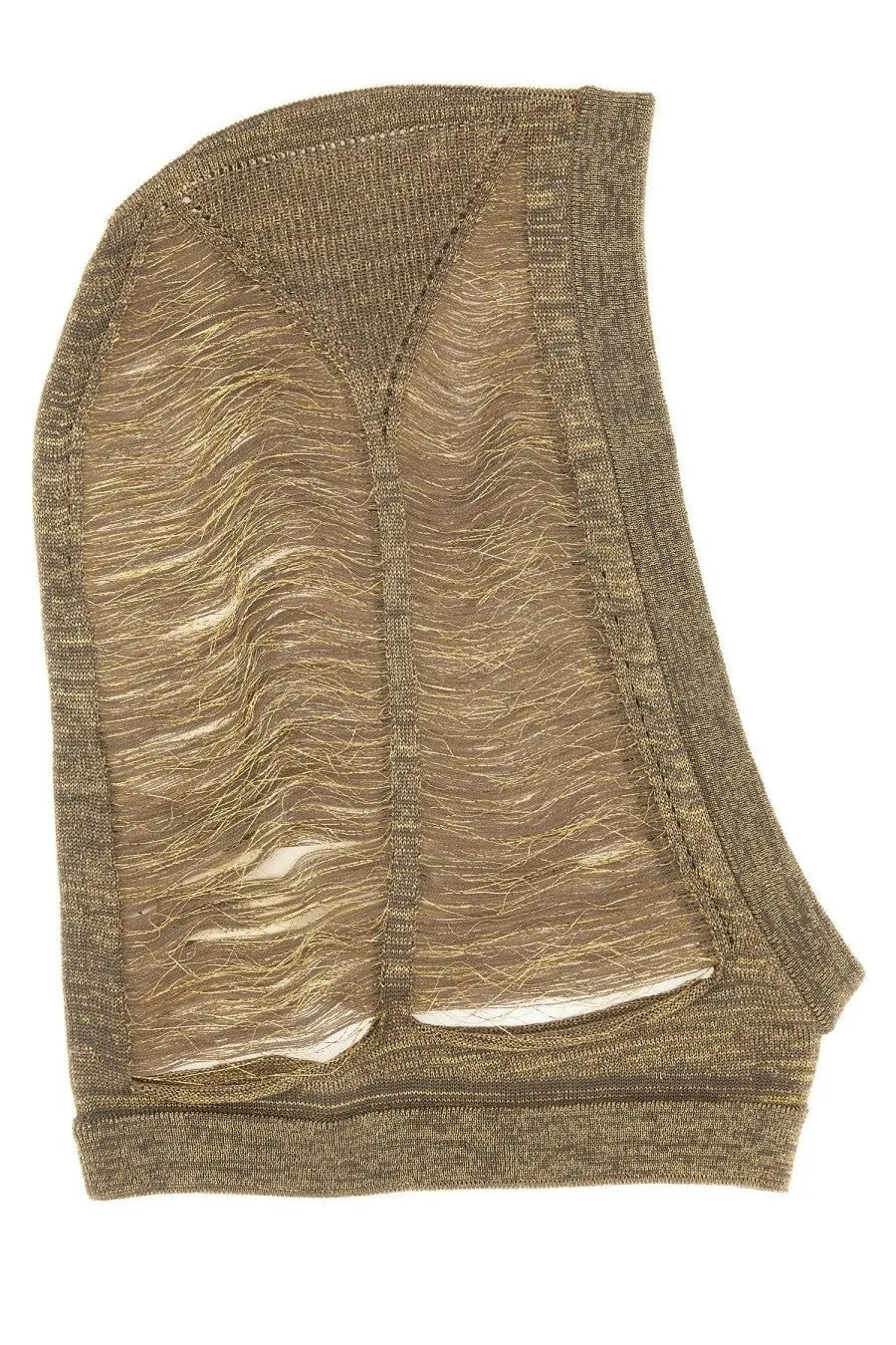 Rick Owens women’s cap jera gold textured olive green knit headpiece with sheer wavy mesh panel and ribbed edges