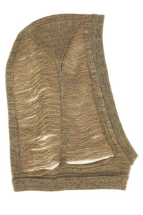 Rick Owens women’s cap jera gold textured olive green knit headpiece with sheer wavy mesh panel and ribbed edges