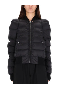 Rick Owens women’s black comforter down bomber jacket with quilted design and silver zipper front view