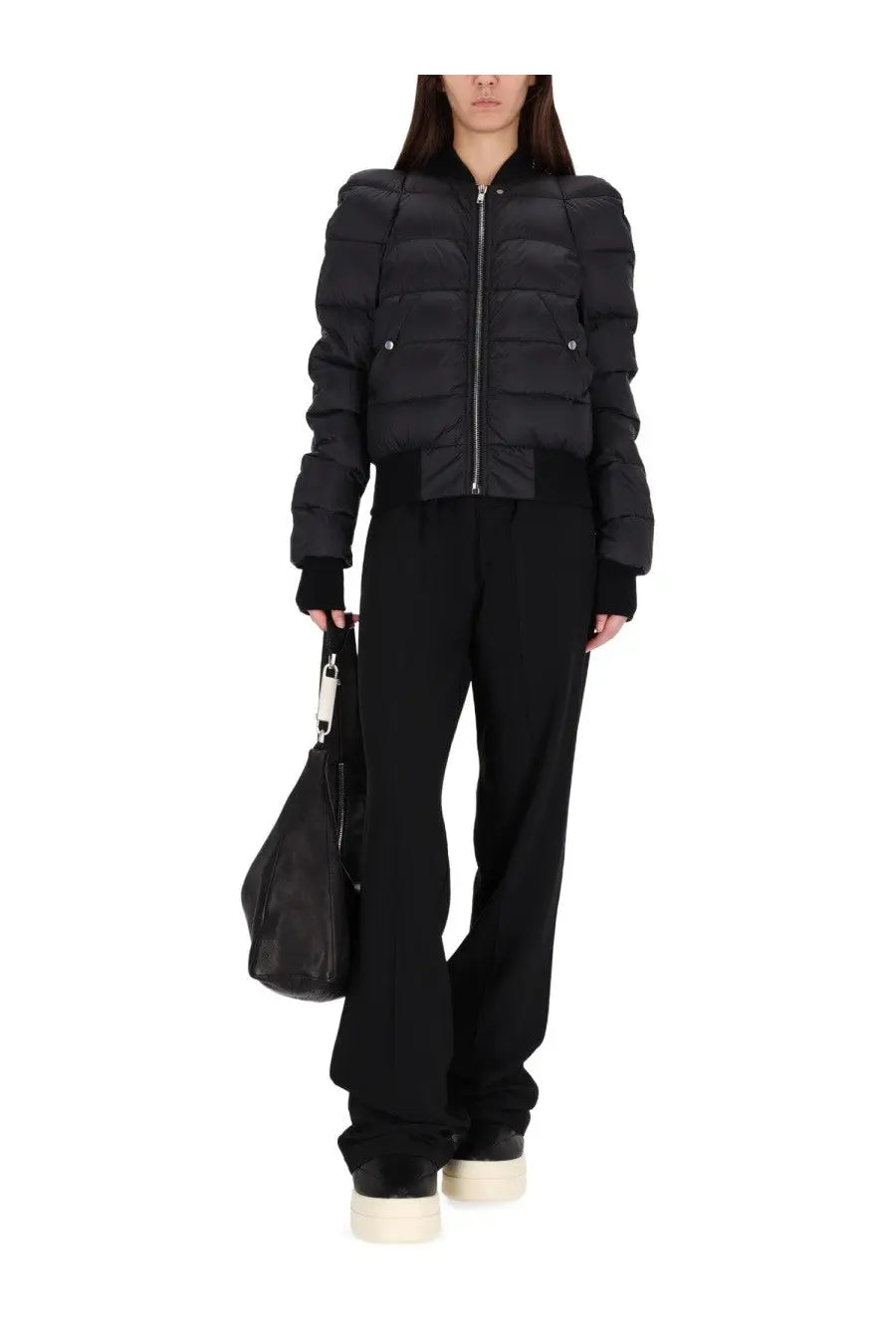 Rick Owens women’s black quilted puffer jacket with structured shoulders and silver zipper down bomber jacket