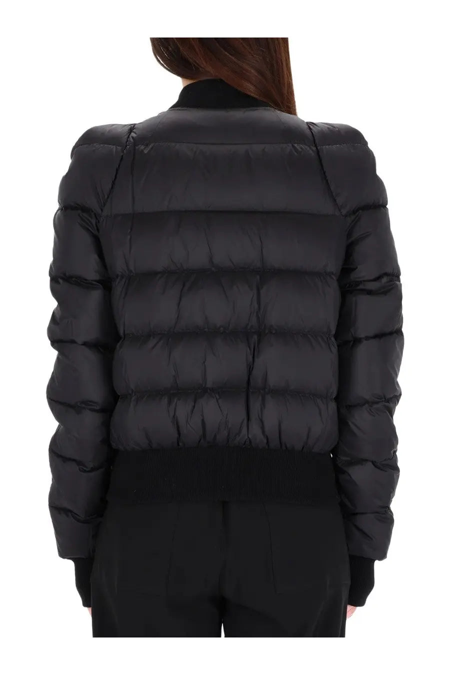 Rick Owens women’s black quilted puffer jacket with high collar and ribbed cuffs in a down bomber style