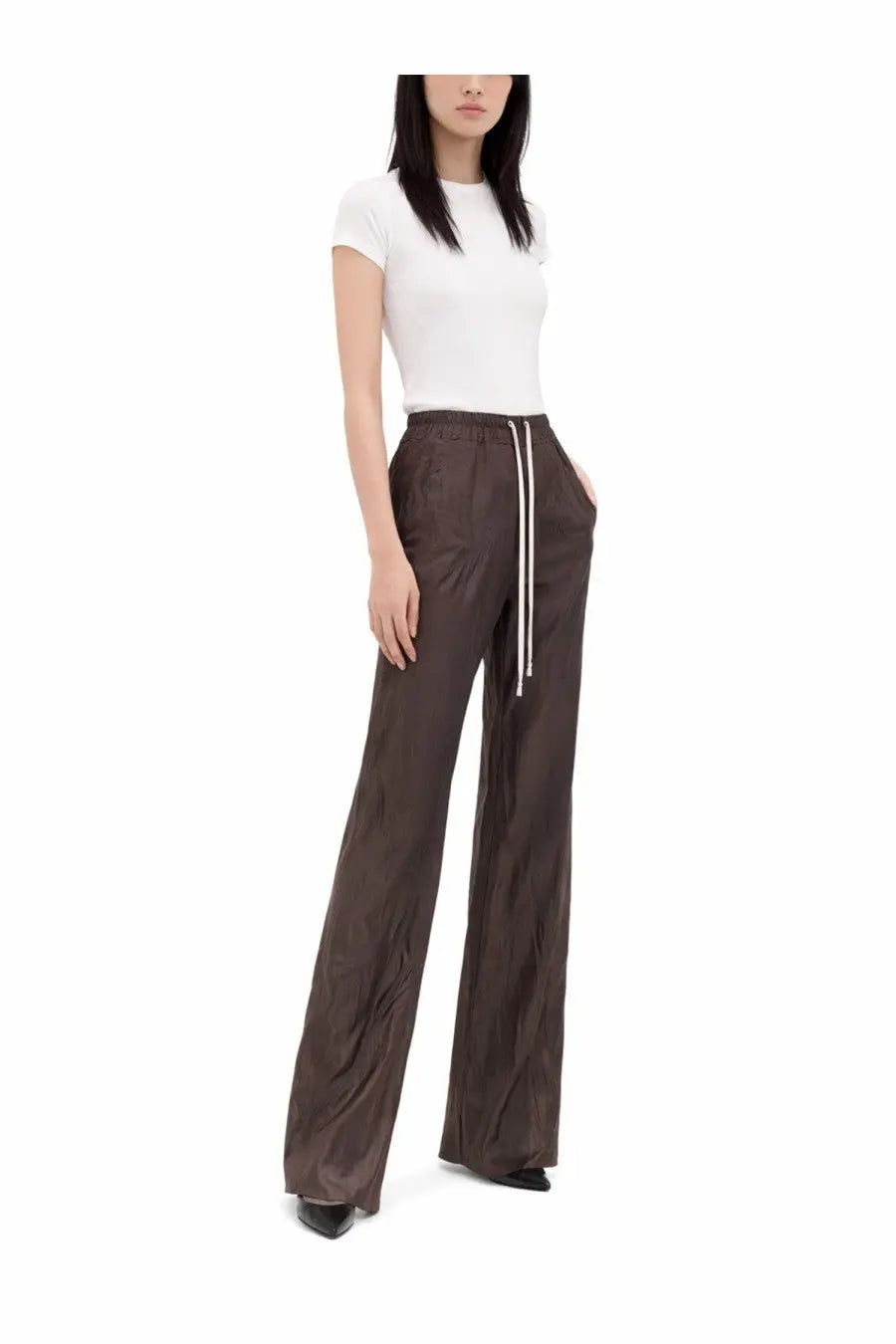 Brown satin wide-leg trousers with white drawstring waist paired with rick owens women’s white cotton shirt
