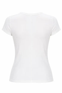 Rick Owens women’s white cotton shirt with short sleeves, simple crew neckline, and smooth fitted fabric