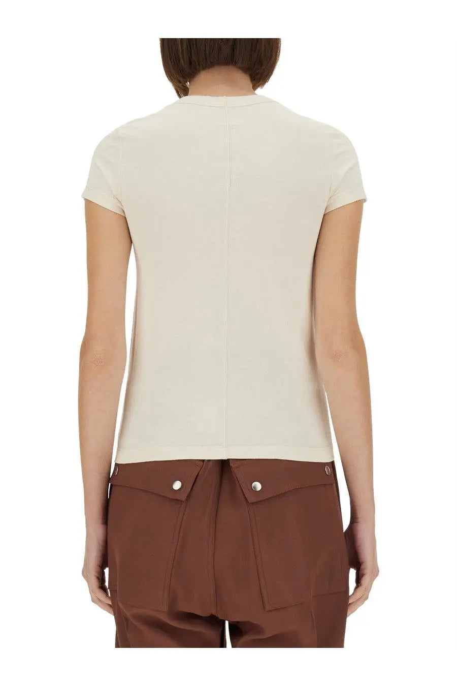 Rick owens women’s cropped cream short-sleeved top with simple fitted design and subtle vertical seam on back view