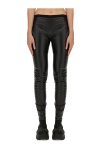 Rick Owens women’s black glossy faux leather leggings with sleek form-fitting design and subtle horizontal seam detailing