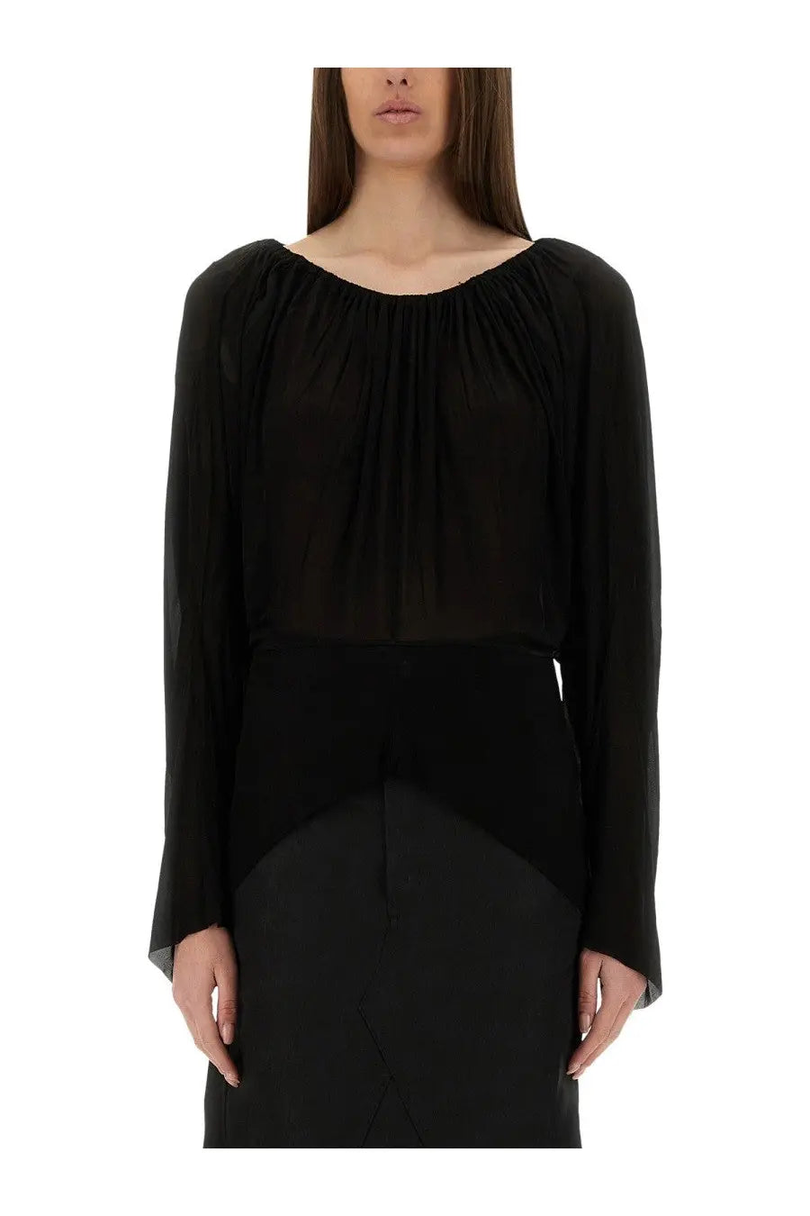 Rick Owens women’s draped black blouse with sheer gathered bodice and flowing long-sleeved fabric