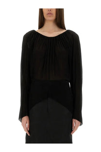 Rick Owens women’s draped black blouse with sheer gathered bodice and flowing long-sleeved fabric