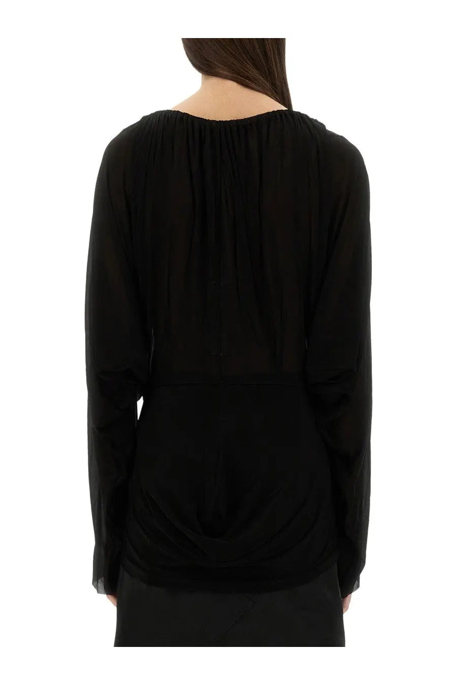 Back view of rick owens women’s black draped top with gathered ruched back and soft flowing fabric