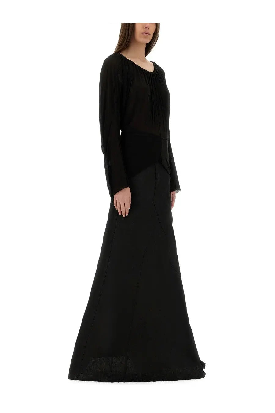 Rick Owens women’s black long-sleeved maxi dress with draped neckline and flowing silhouette in luxe fabric