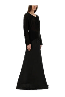 Rick Owens women’s black long-sleeved maxi dress with draped neckline and flowing silhouette in luxe fabric