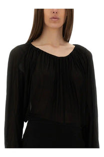 Rick Owens women’s draped black sheer long-sleeved blouse with gathered ruched neckline and flowing fabric