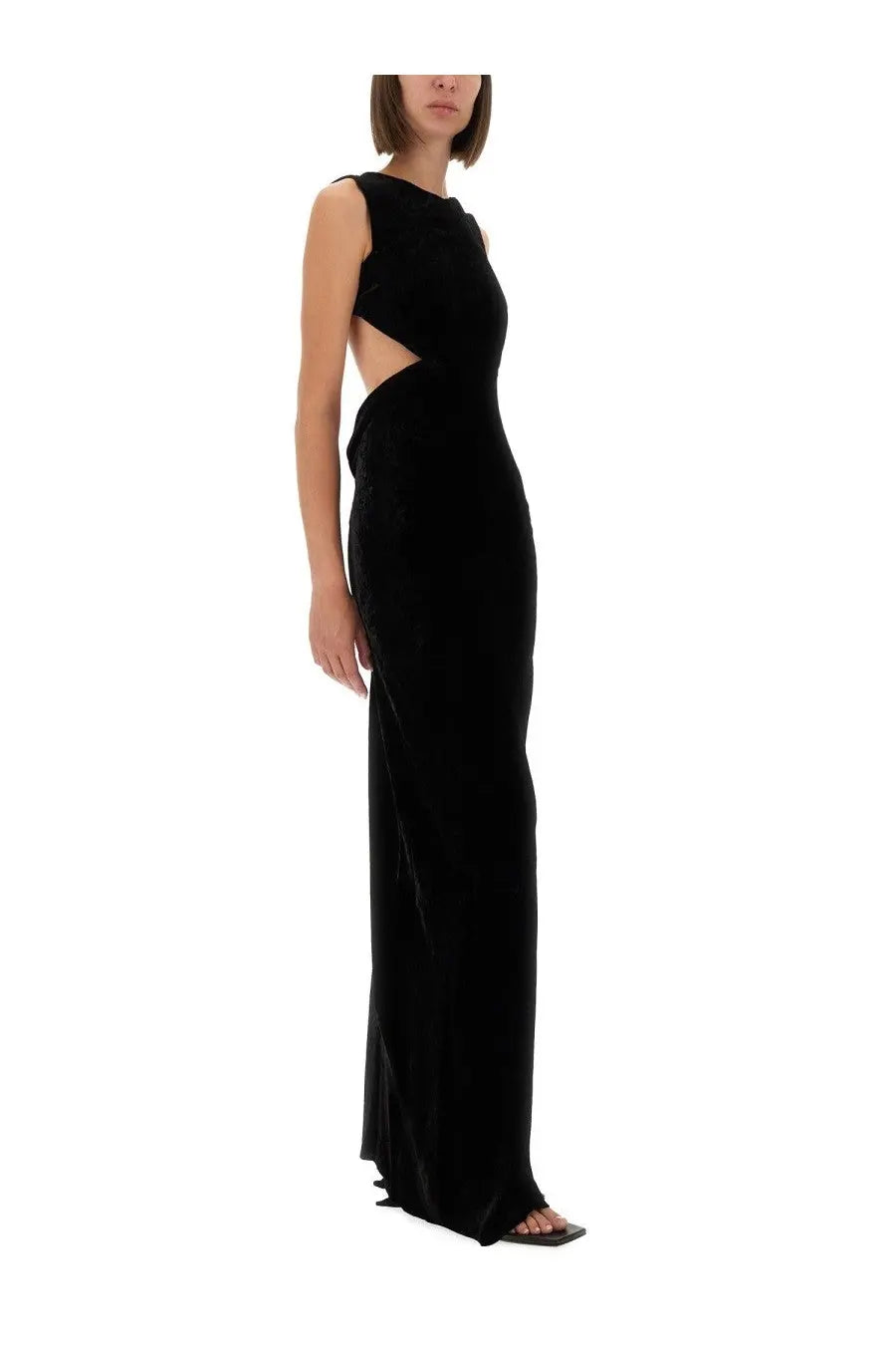 Rick Owens women’s black velvet floor-length gown with sleek form-fitting silhouette and side cut-out detailing