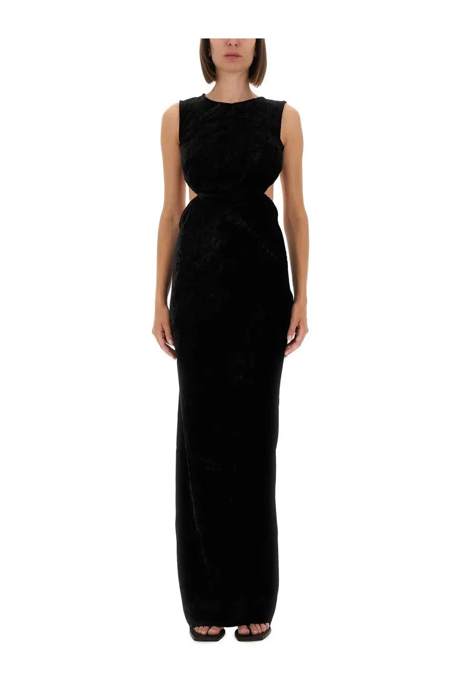 Black velvet sleeveless rick owens women’s dress with fitted bodice and flowing skirt