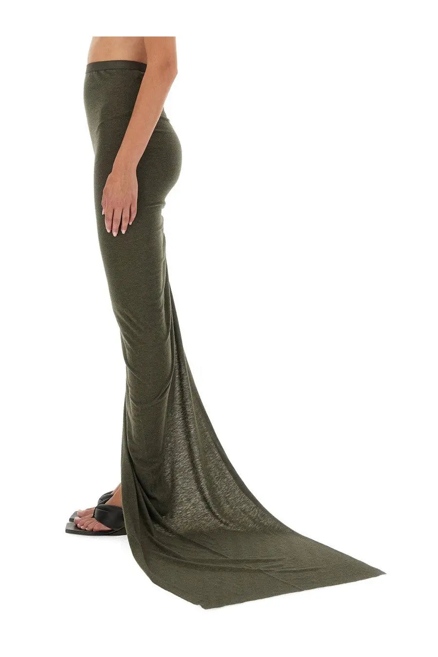 Olive green form-fitting maxi skirt with flowing train and subtle texture by rick owens womens edfu skirt