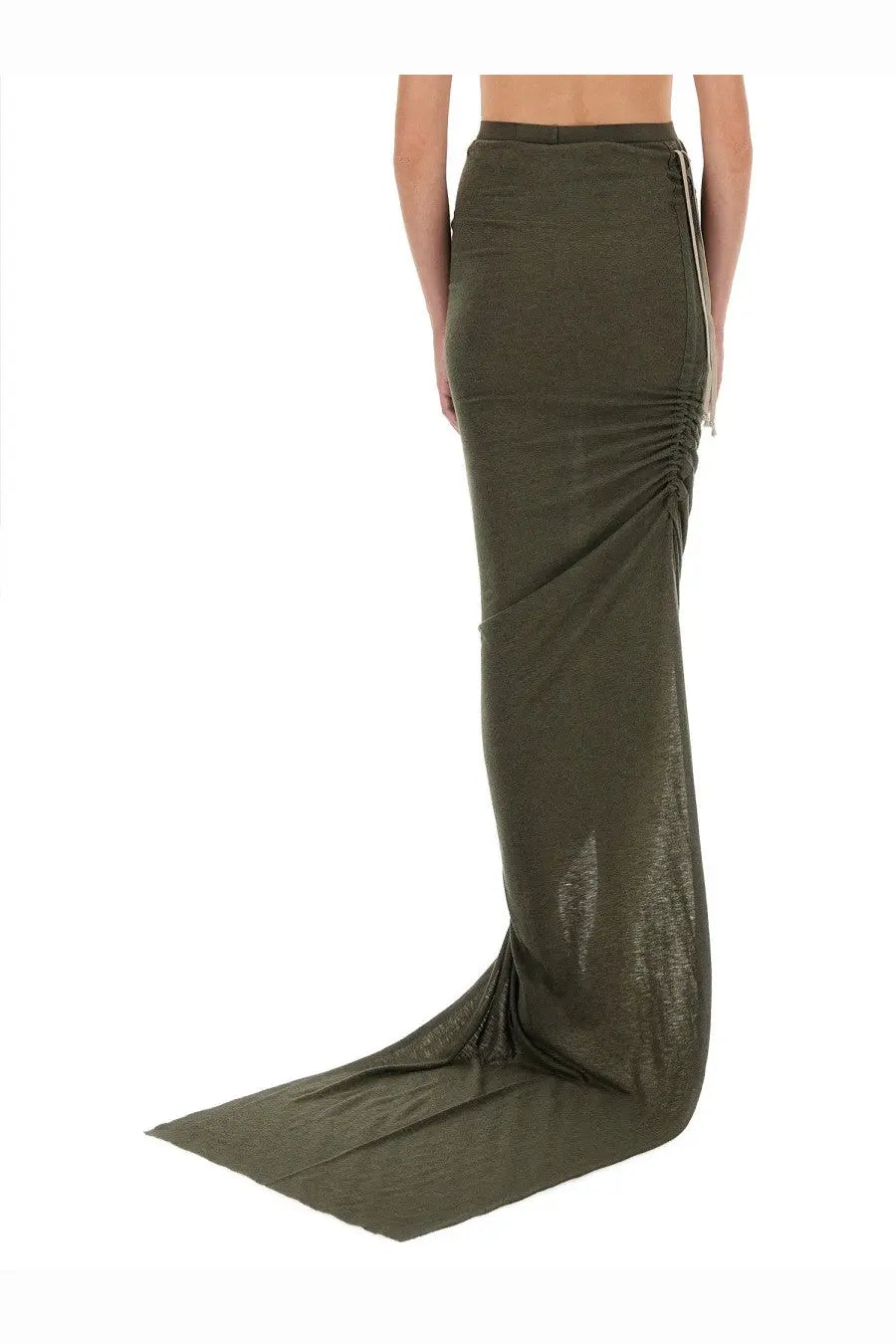 Olive green rick owens womens edfu mermaid skirt with ruched side seam and sheer textured fabric visible from the back