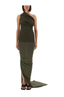 Rick Owens women’s edfu skirt green olive green one-shoulder ribbed knit gown with draped bodice and high slit