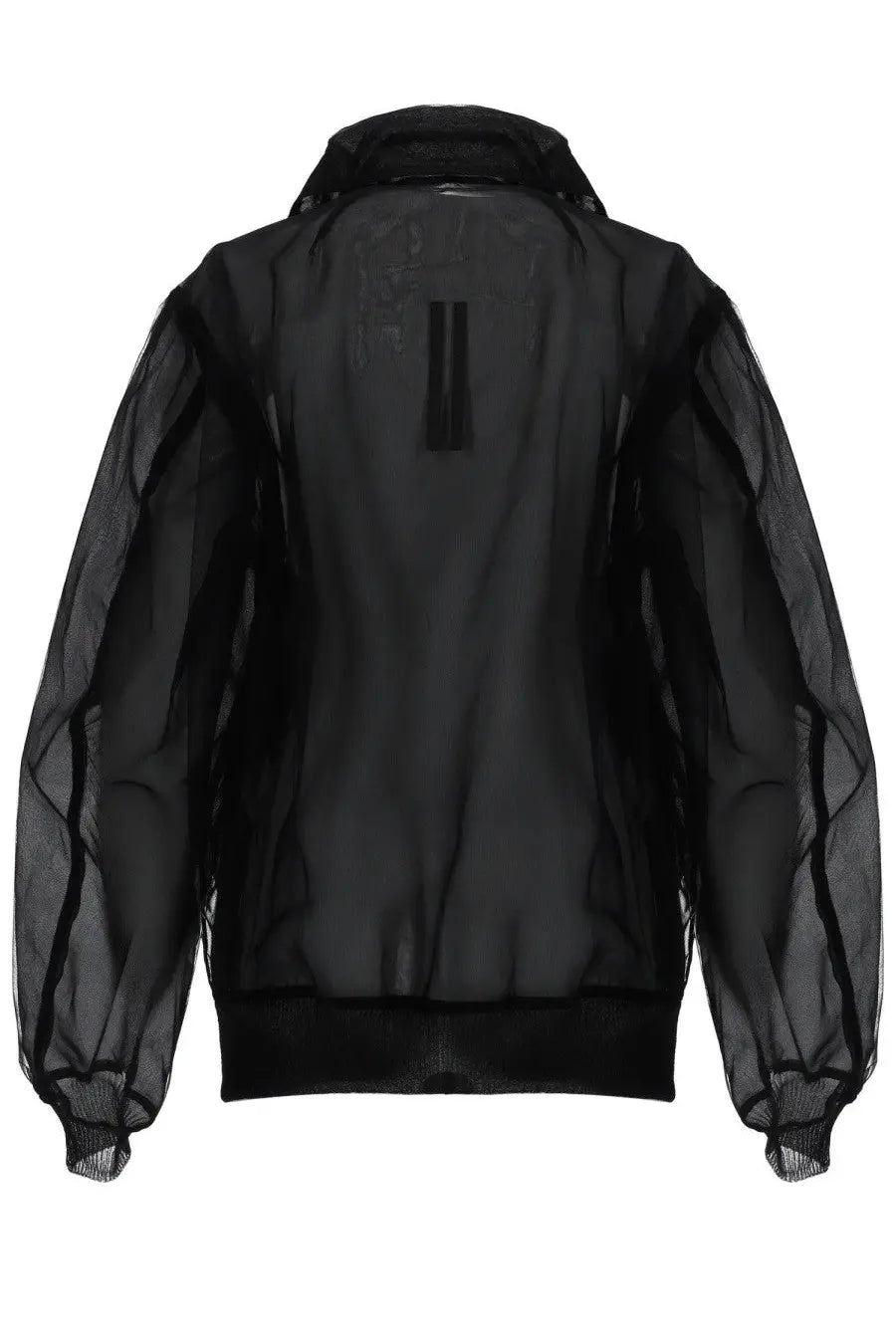 Back side of rick owens women’s giacca bomber dracucollar flight black sheer mesh jacket with bold vertical stripe