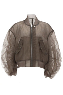 Rick Owens women’s giacca bomber secchia flight beige translucent taupe mesh bomber jacket with puffy sleeves and pockets