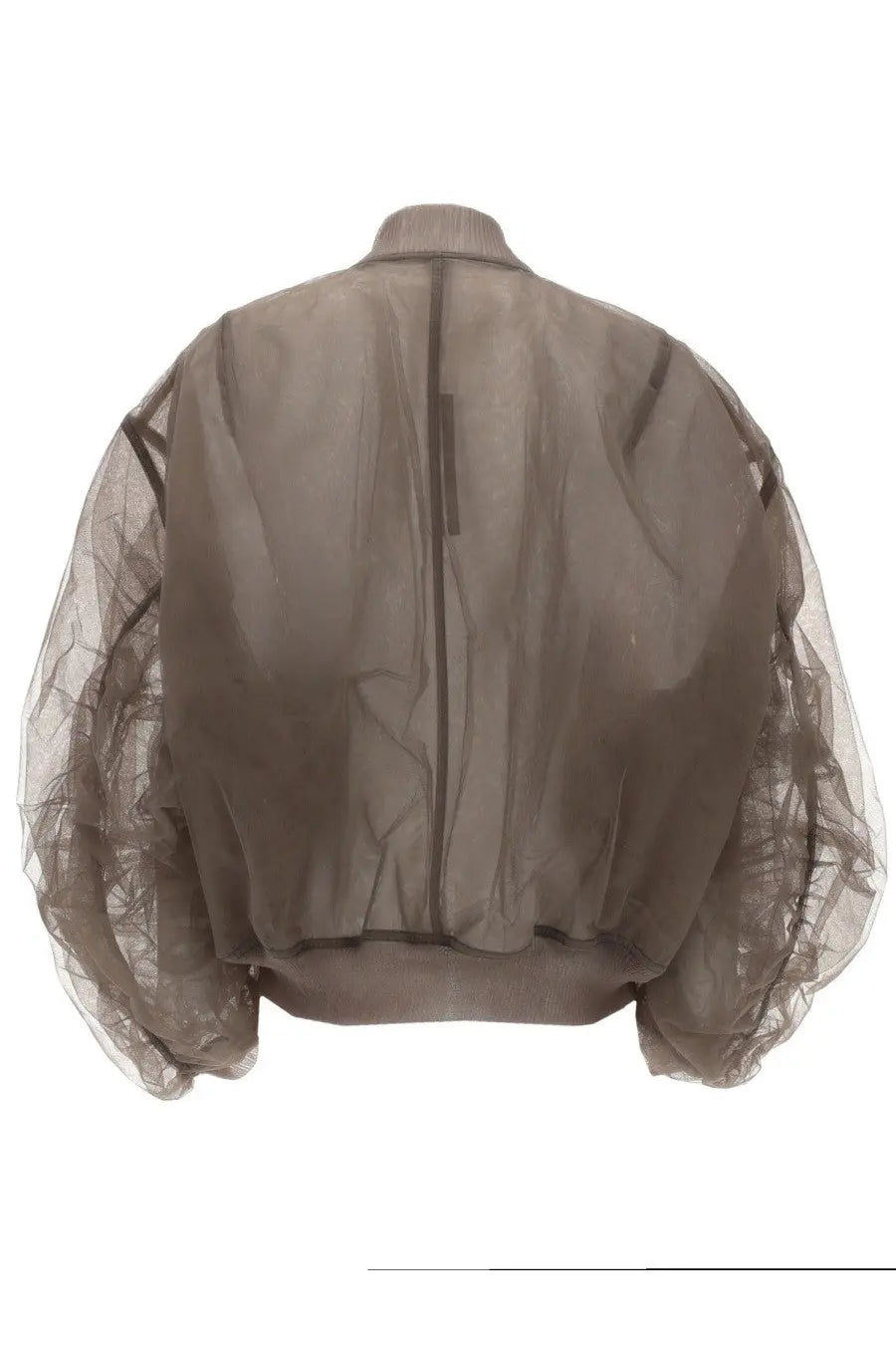Rick Owens women’s giacca bomber secchia flight beige translucent taupe bomber jacket with sheer voluminous sleeves and zipper