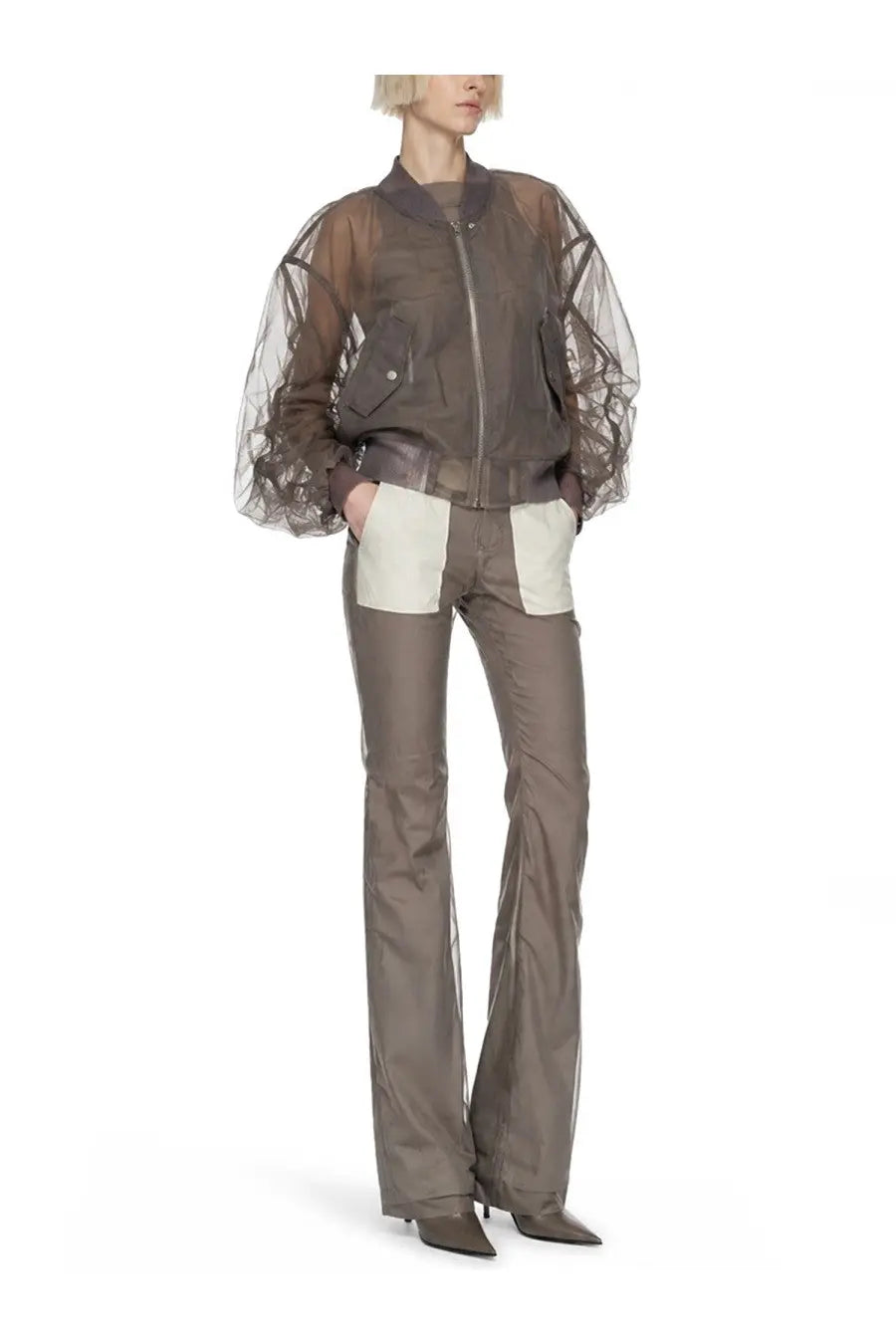 Rick Owens women’s giacca bomber Secchia flight beige translucent brown bomber jacket with voluminous sheer sleeves and front zipper