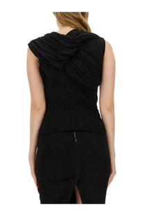Black sleeveless rick owens harness top with draped ruched fabric across shoulder and back shown from the back side